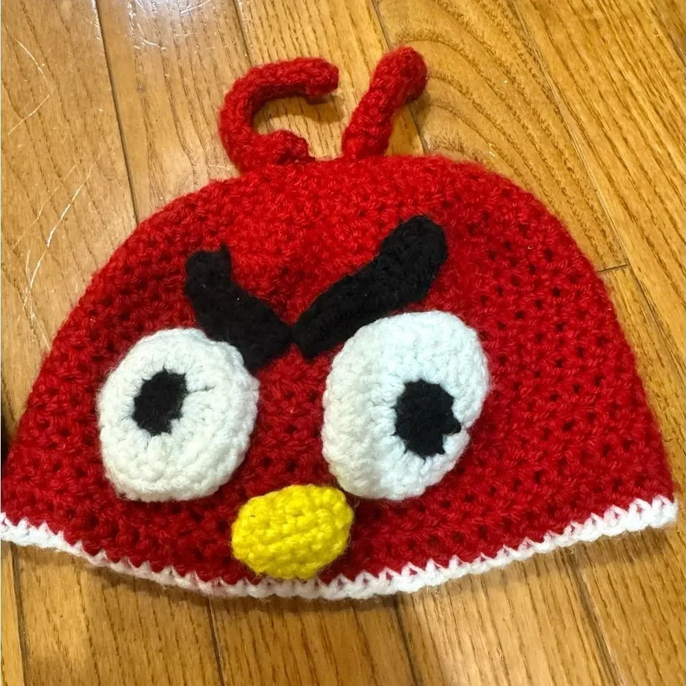 Two Angry Birds hand knit youth beanie hats